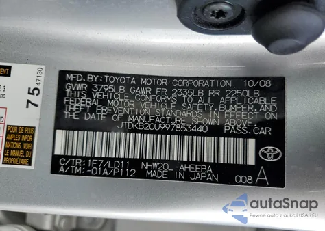 2009 Toyota Prius from USA, damaged, VIN JTDKB20U997853440